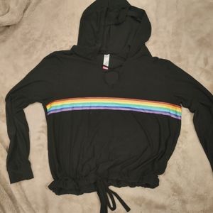 Rainbow stripe on black long sleeve crop top.